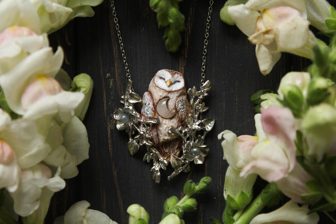 Barn Owl Necklace, Flower Owl Pendant Owl Spirit Jewelry, Crescent Moon