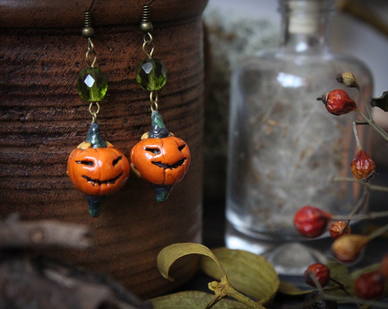 Halloween Pumpkin Earrings, Halloween Jewelry, Witch Pumpkin Earrings, Jack O'Lantern Earrings image 1