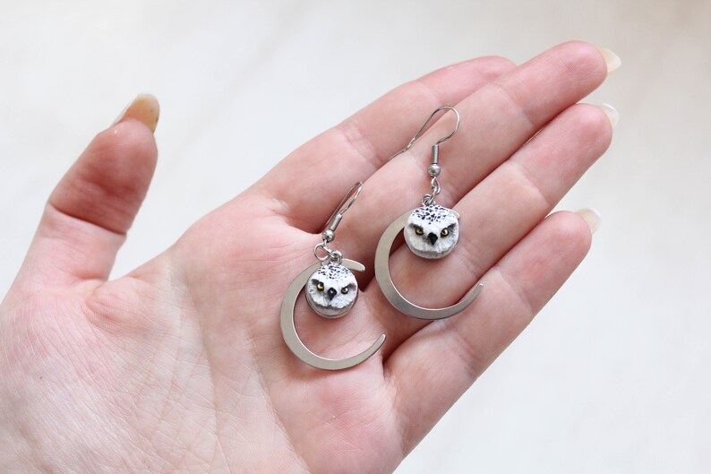 Snow Owl Earrings, Arctic Owl Jewelry, White Owl Dangle and Drop Earrings, Owl Moon Spirit Jewelry, Owl Totem Earrings zdjęcie 6