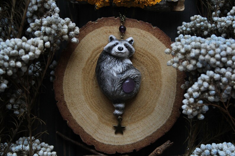 Polymer Clay Raccoon Necklace: Chonky Moon Pendant, Raccoon Totem - Etsy