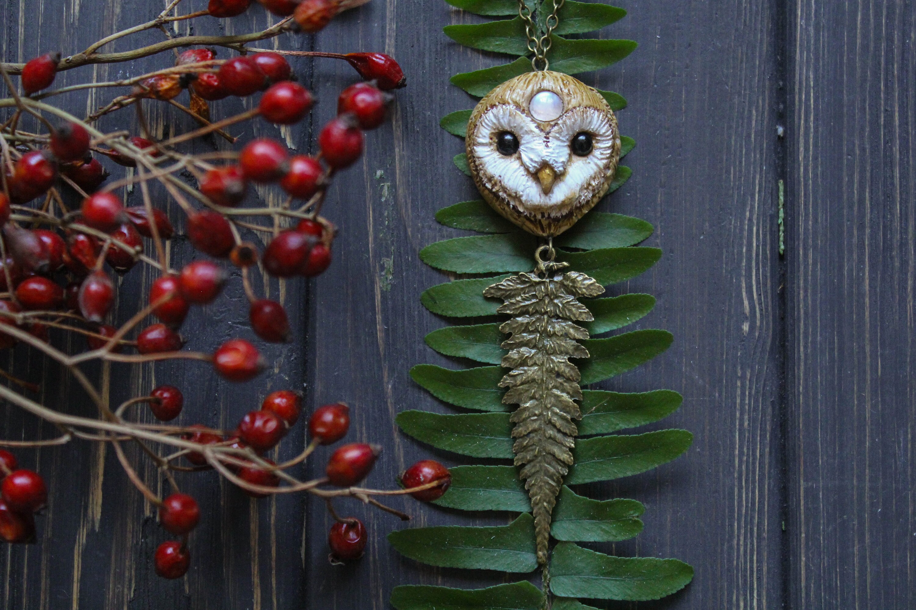 Barn Owl Necklace: Polymer Clay Pendant with Moonstone & Bronze Fern