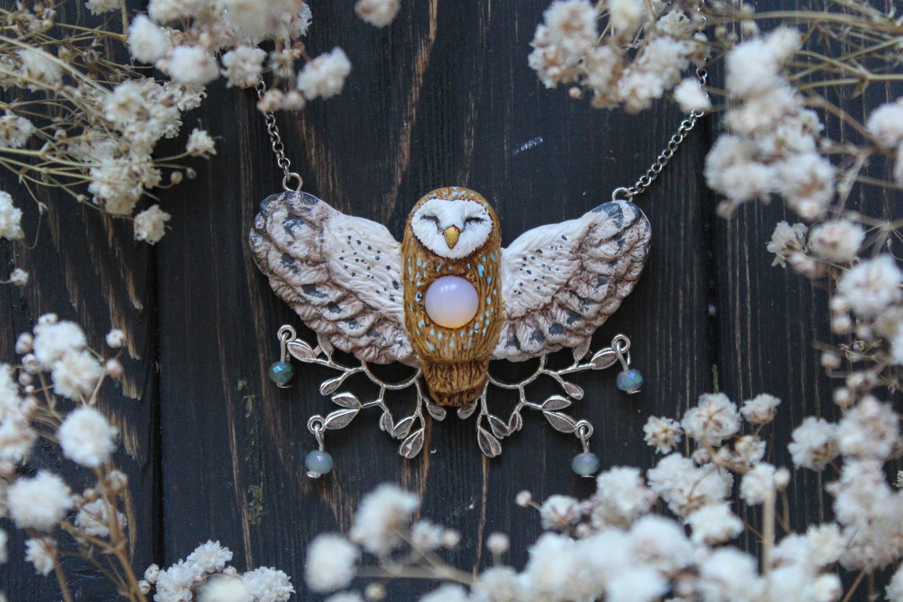 Barn Owl Opalite Necklace: Polymer Clay Bird Pendant