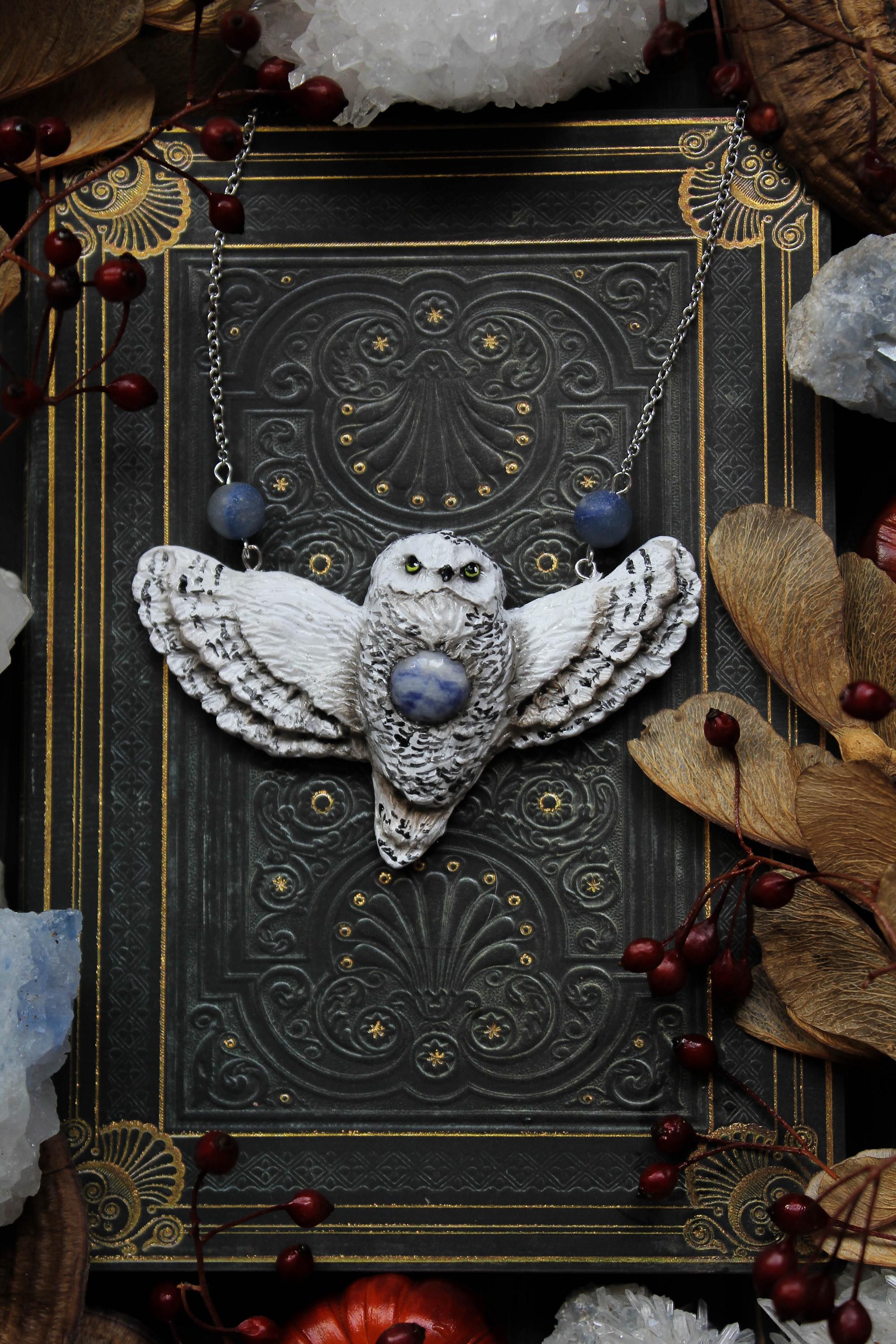 Snowy Owl Pendant with Sodalite • Handmade Polymer Clay Necklace • Winter Forest Jewelry &