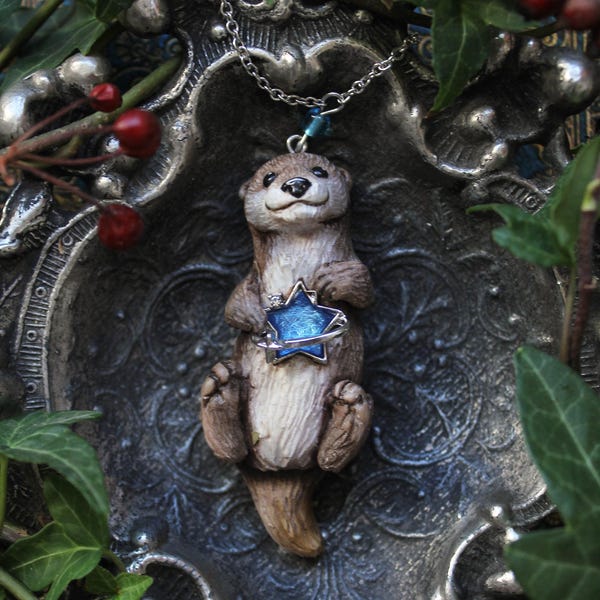 Hand Sculpted Otter Necklace • Polymer Clay, Blue Star Pendant