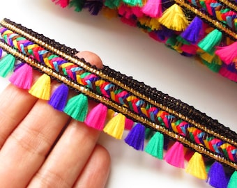 2 yards Mini tassel trim multicolour, Colourful braided fringe lace 2.5 cm