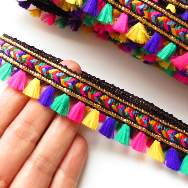 2 yards Mini tassel trim multicolour, Colourful braided fringe lace 2.5 cm