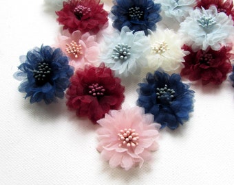 5 Tulle fabric flower appliques 4 cm, Organza 3D flower embellishments