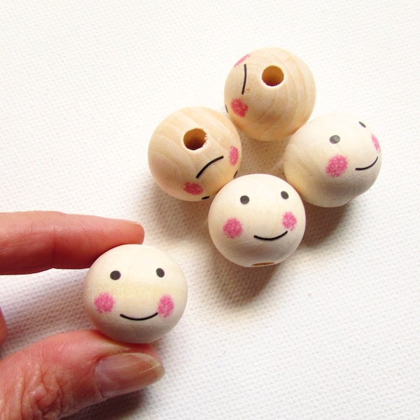 Natural wood bead doll heads, Wooden smiling face beads
