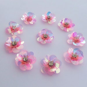10 AB PINK sequin flower appliques with rhinestone center
