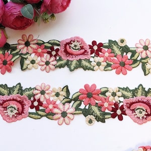 Embroidered floral lace trim sold by the yard 7 cm wide, Flower sewing border