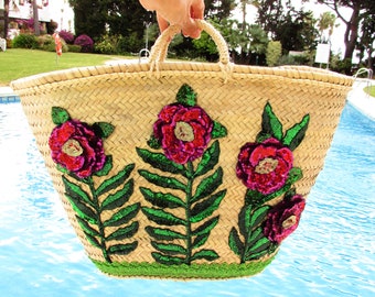 Summer beach basket, Straw bag, Embellished basket