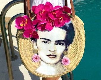 Round handwoven straw bag featuring Mexican Artist Frida, Unique Handmade gift for her