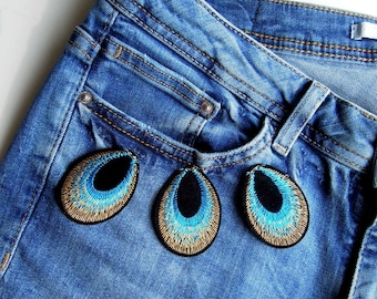 6 Peacock feather iron-on appliques, Embroidered bird feather patches, Feather earrings DIY patches, Boho chic iron patches