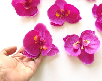 6 cabezas de flores de orquídeas artificiales, decoraciones de boda de flores de orquídeas fucsias, decoración de bodas DIY, flores para el cabello, orquídeas de seda, flores de orquídeas