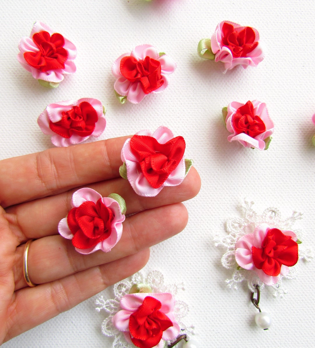10 Redpink Handmade Ribbon Roses, Small Fabric Flower Appliques Etsy