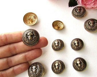 5 Bottoni a gambo in metallo oro ottone testa leone 1,5 cm, 2 cm e 2,5 cm, bottoni da cucito in stile antico