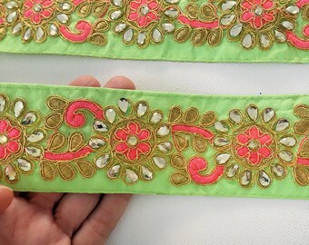 2 yards Neon trim embroidered with rhinestones and gold thread
