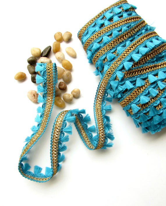2/" Attractive Tassel Fringe Trim Gold Aqua Pink Per Yard
