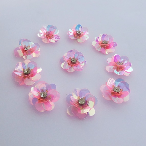 10 AB PINK Sequin Flower Appliques With Rhinestone Center - Etsy UK
