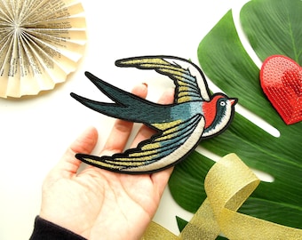 LARGE Swallow iron-on patch,  Tattoo style sparrow fusible applique, DIY fashion
