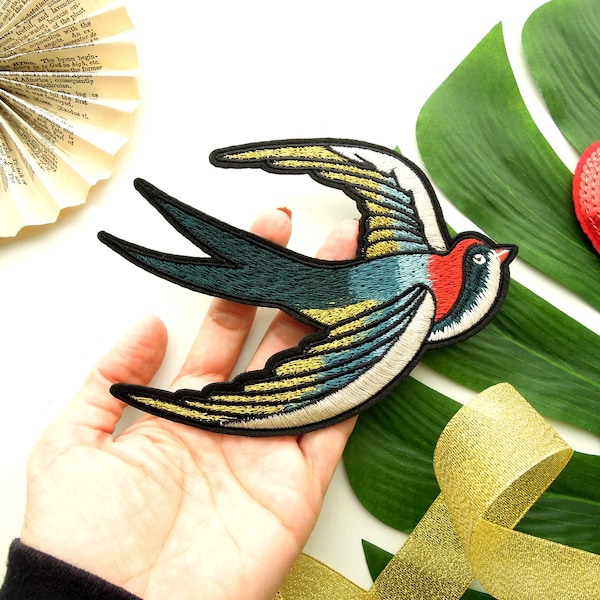 LARGE Swallow iron-on patch,  Tattoo style sparrow fusible applique, DIY fashion