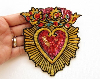 Sacred heart iron on patch, Mexican Milagro applique, Sagrado corazon, Mexican folk art fusible patch