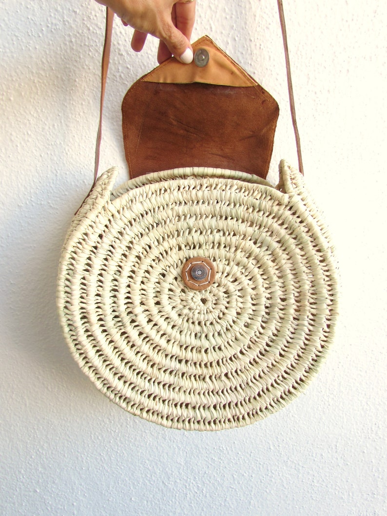 Borsa Tonda In Paglia Intrecciata - Tracolla In Pelle, Chiusura A Zip, Stile Bohémien Per Spiaggia E Viaggi - Foto 5