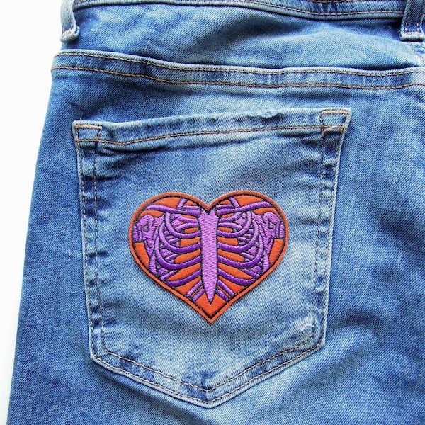 Skeleton heart iron patch, Rib cage embroidered applique, Goth skeleton patch,