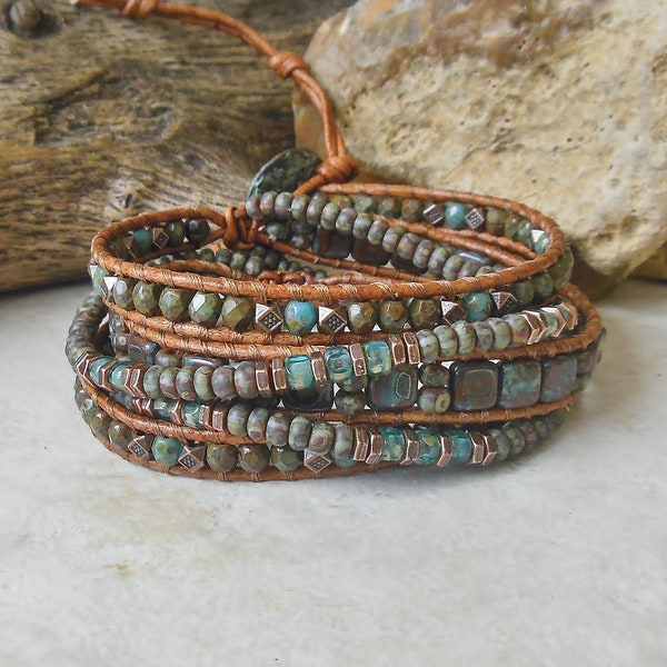 Turquoise/Teal Leather Wrap Bracelet for Women, Boho Wrap Bracelet, 3rd Anniversary Gift for Wife, Leather Gift for Her