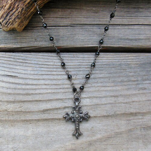 Gothic Rosary Black Rose Cross Necklace Etsy