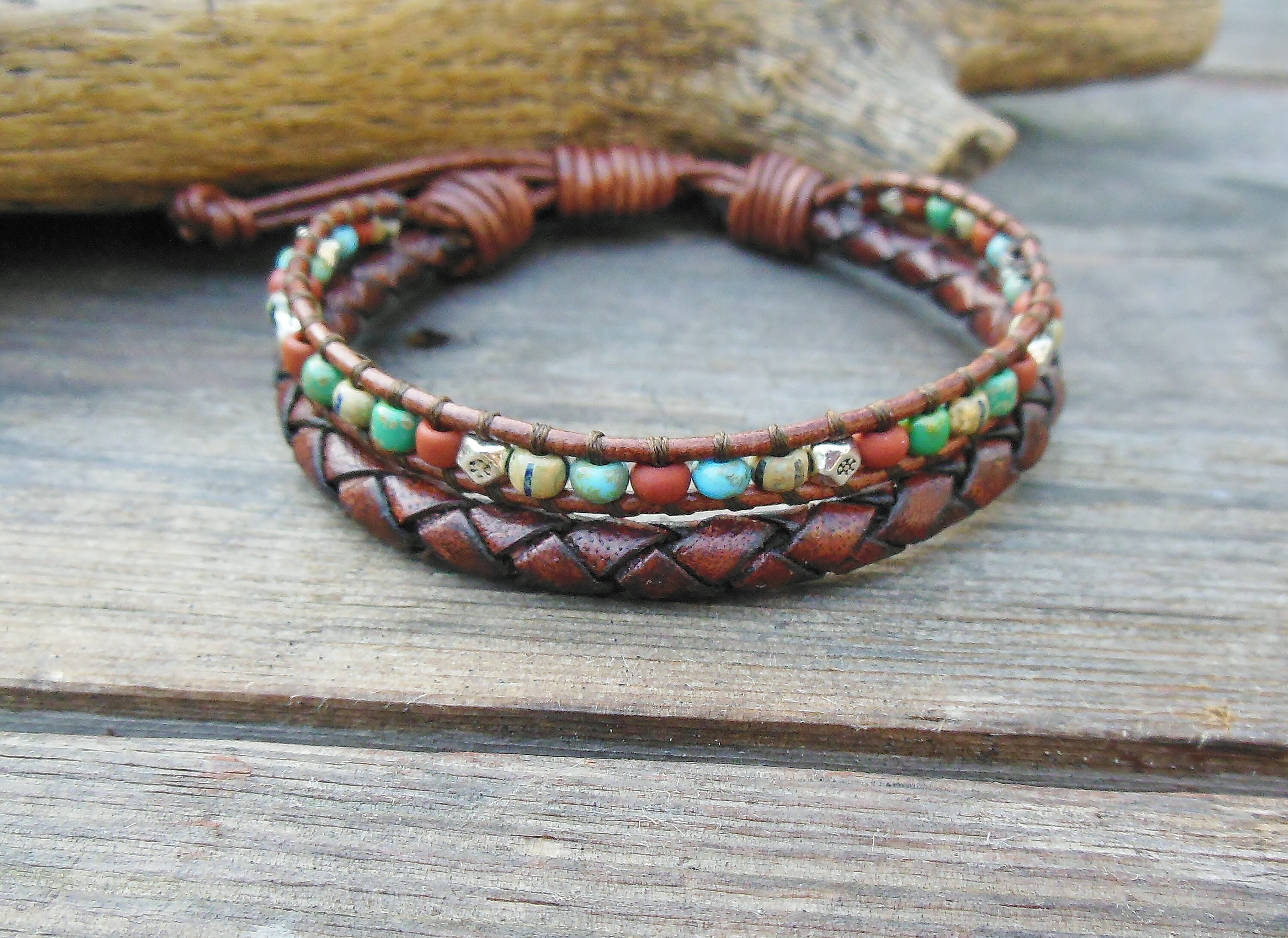 Mens Western Style Beaded Leather Bracelet 3rd Anniversary Etsy