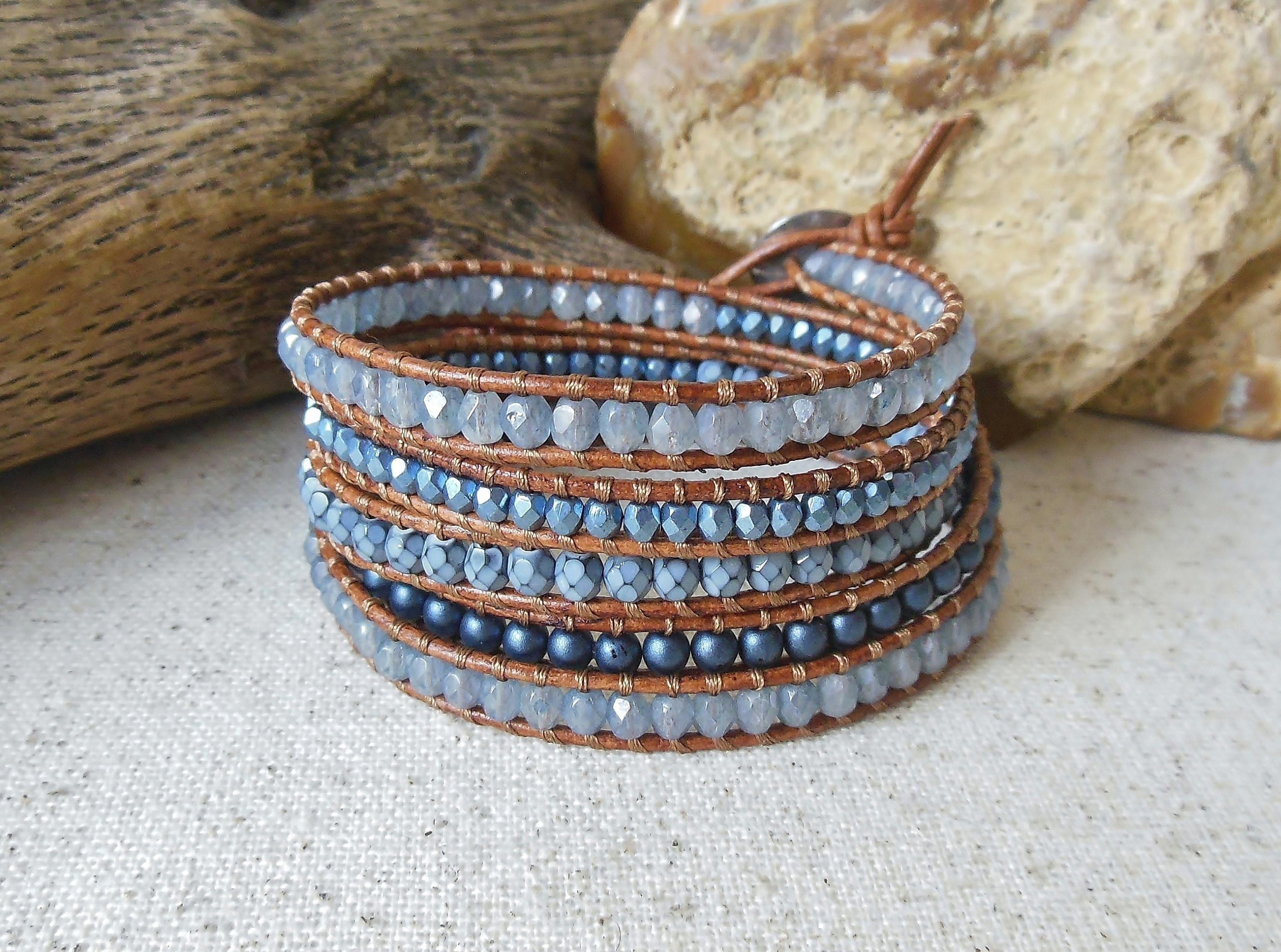 Blue Leather Wrap Bracelet/Beaded Leather Wrap/5 Wrap Etsy