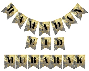 May include: A gold and gray banner with the words "Ramadan Eid Mubarak" in black letters.