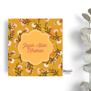Jazak Allah Khairan écrit en anglais, carte de remerciement islamique floral jaune moutarde