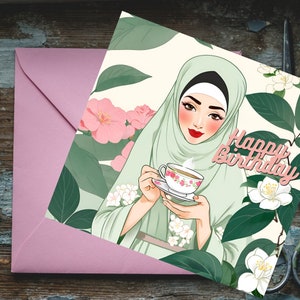 Pacote de 3 cartões de felicitações Hijabi, elegante cartão de felicitações islâmico para ela, cartões de felicitações Hijabi de 6 polegadas por 6 polegadas para mulheres muçulmanas bebendo chá