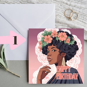 Belle dame noire avec afro et fleurs Carte de voeux joyeux anniversaire carré d'environ 15 cm sur 15 cm