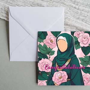 Pacote de 3 cartões de felicitações Hijabi, elegante cartão de felicitações islâmico para ela, cartões de felicitações Hijabi de 6 polegadas por 6 polegadas para mulheres muçulmanas