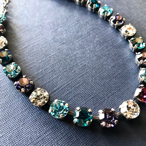 Swarovski Crystals in choice of Necklace, bracelet or earrings featuring aquamarine, amethyst, indioclinite, crystals. Cup chain necklace.