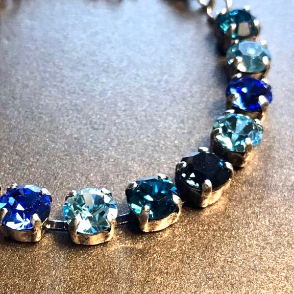 Swarovski Crystals In A Necklace, Tennis Bracelet, Cup Chain Necklace , Earrings, Cup Chain Bracelet Aquamarine, Denim, Sapphire