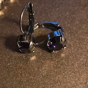 May include: A pair of silver hoop earrings with a dark purple gemstone in the center of each hoop.