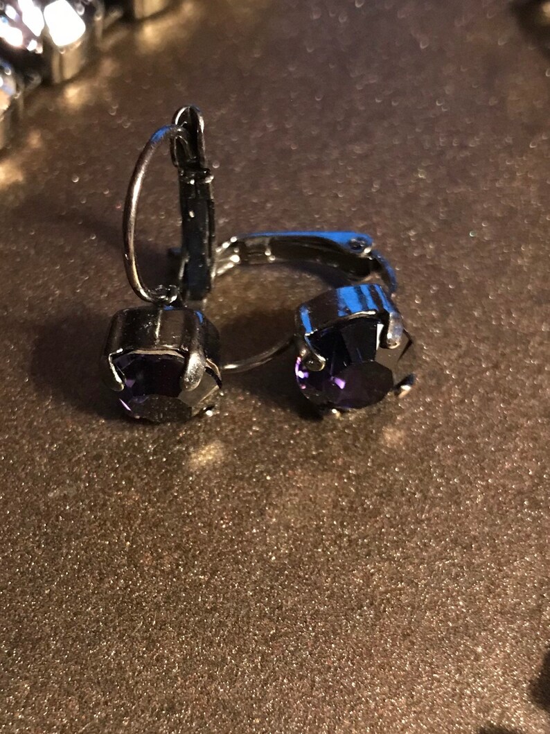 May include: A pair of silver hoop earrings with a dark purple gemstone in the center of each hoop.