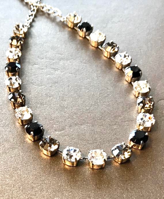 Silver Necklace  Black Diamond, Argent Flare, Jet Black and Clear Swarovski Crystals Classic Sparkle. Cup chain, lever back earrings.
