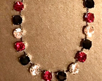 Crystal Necklace Choker , Tennis Bracelet, Earrings - Fuchsia, Jet Black Onyx and Clear Diamond Swarovski Crystals