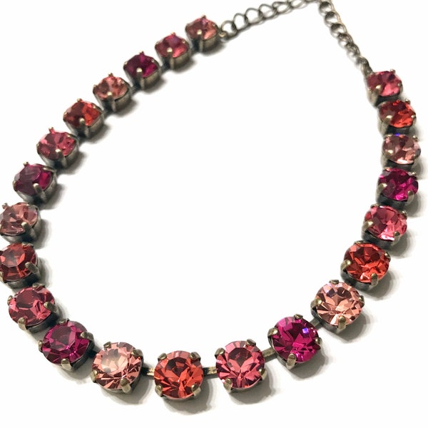 8mm made with Swarovski and Preciosa Crystal Cup Chain Necklace. Fuchsias, Pink Rose, Indian Pink Crystals Necklace