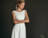 Wedding dress MELE // Minimal and elegant wedding dress, modern modest wedding gown, A line skirt, bateau neck, cap sleeves with pearls