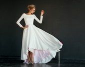 Wedding dress MAKANI // High low skirt modest wedding gown, long narrow sleeves, A line skirt, color lining, scoop back, simple, minimalist