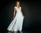 ALOHA // Bohemian beach wedding dress, modern modest bridal gown with cap sleeves, a-line skirt with slit, deep plunging v-neck, minimalist