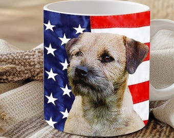 Border Terrier Mug: American Flag Design, Ceramic 11oz & 15oz