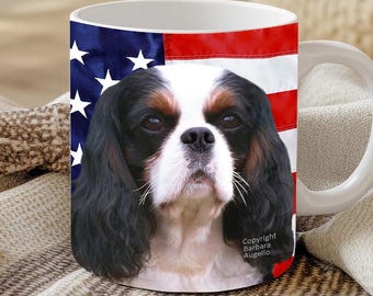 Cavalier King Charles Spaniel Mug: Tricolor American Flag Design (11 oz & 15 oz)