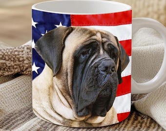 English Mastiff Mug: American Flag Design, Ceramic 11oz & 15oz, Fawn Mastiff Gift